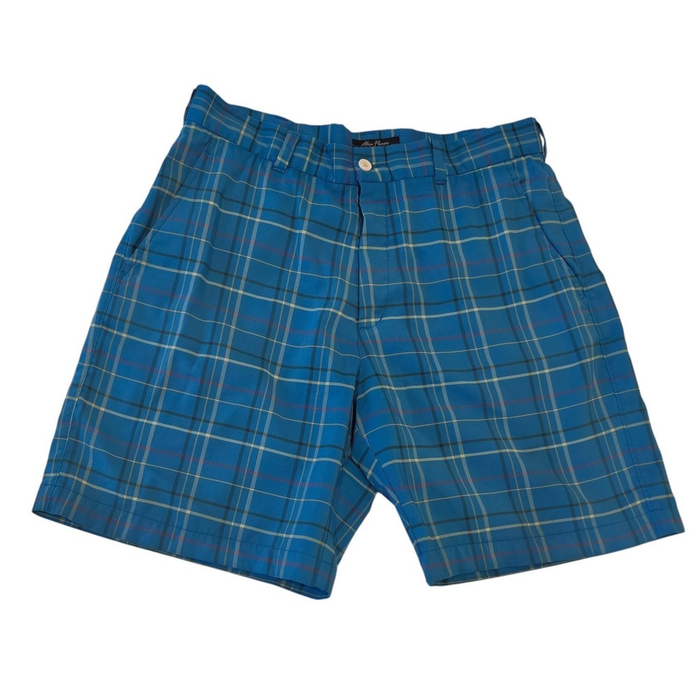 Alan Flusser Mens Golf Shorts Blue Plaid Stretch Performance Size 34